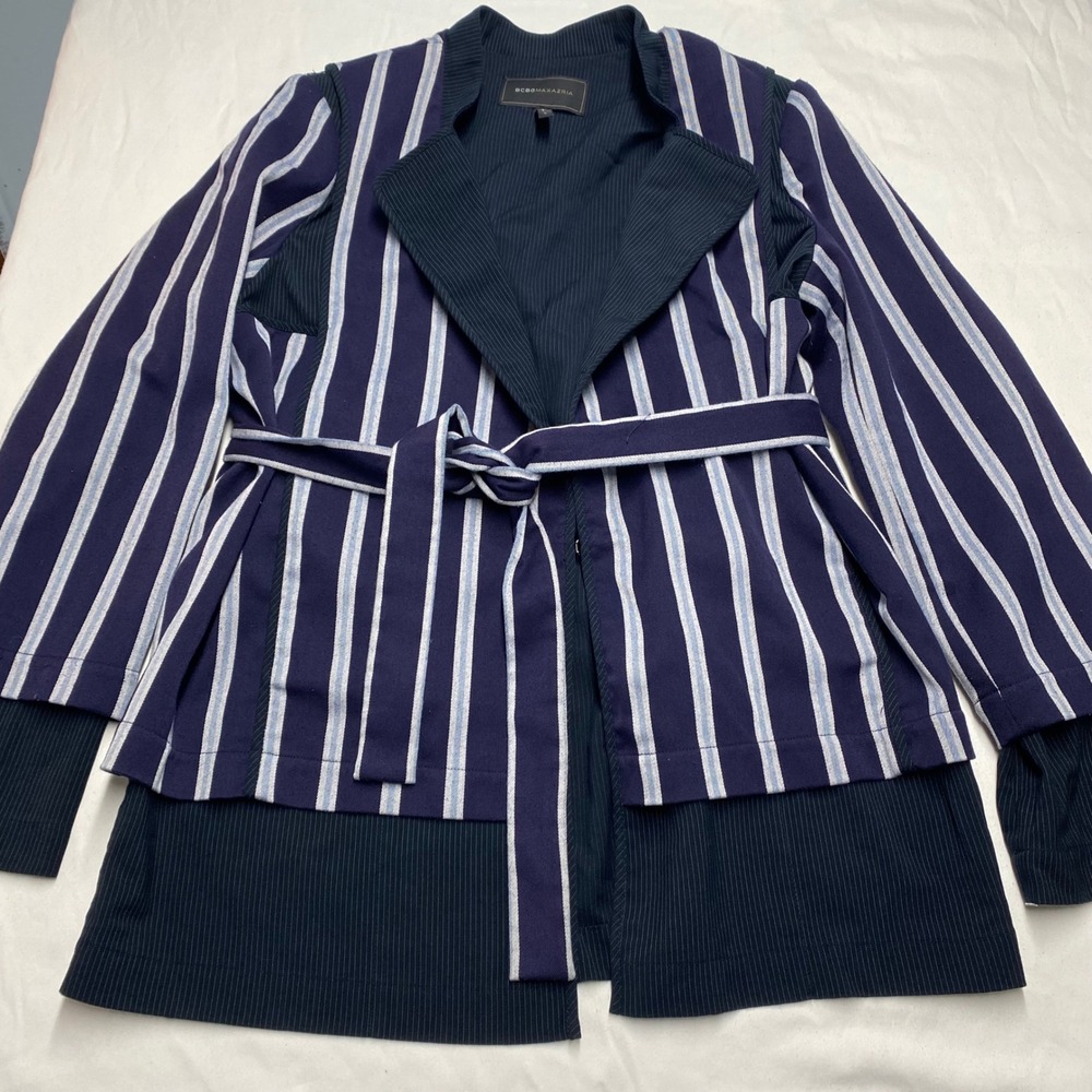 BCBGMAXAZRIA Womens Navy Blue Mixed Stripe Belted Layered Jacket Size L